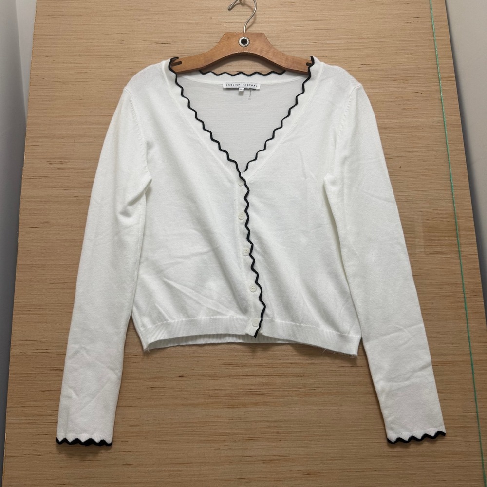 English Factory White Scalloped Ric Rac Trim Button Front Cardigan Sweater Small
